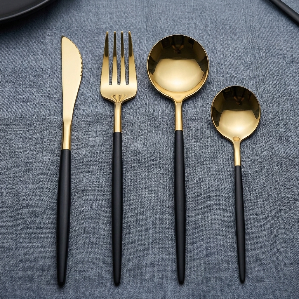 Close-up flat-lay of gold and black stainless steel knife, fork, dinner spoon, and teaspoon on slate linen