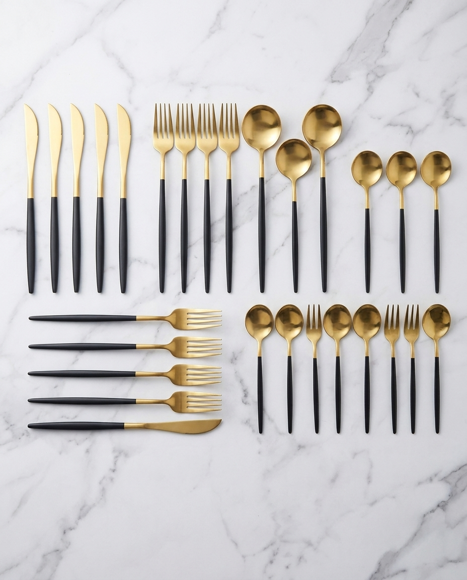 Complete 24-piece gold flatware set arranged symmetrically on white marble — all 6 knives, forks, dinner spoons, and teaspoons