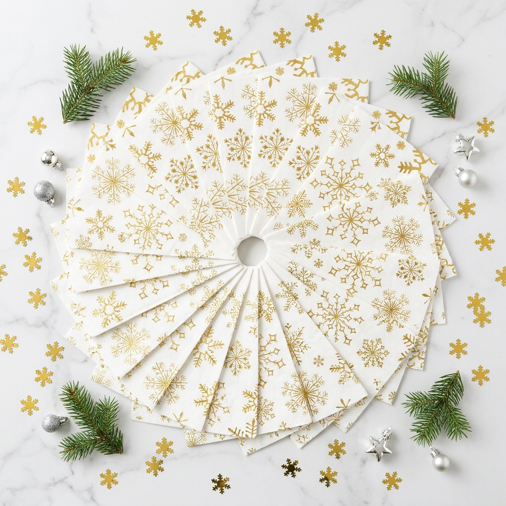 Flat-lay of gold snowflake Christmas cocktail napkins fanned out on white marble with pine sprigs and silver ornament accents