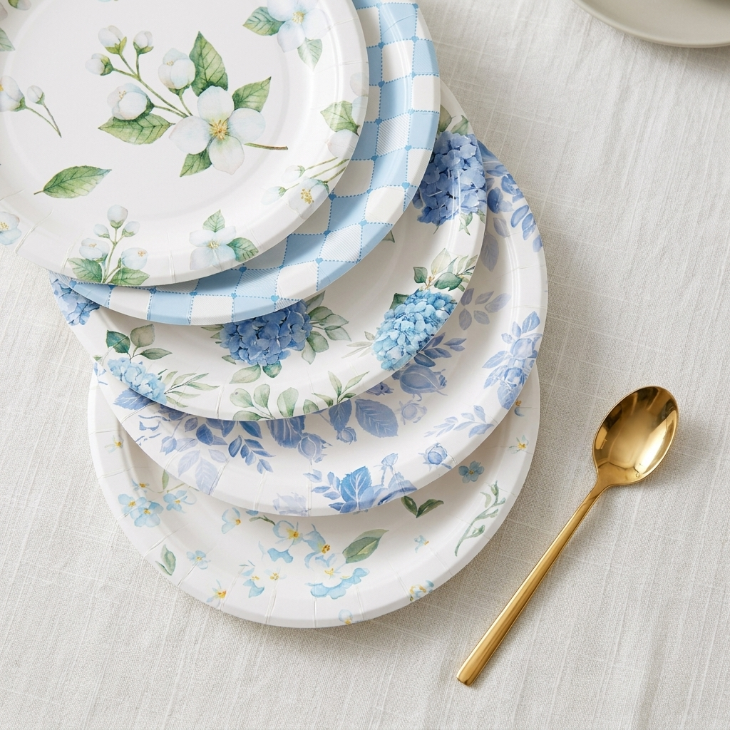 Close-up overhead of blue and white floral paper plates fanned out showing multiple vintage floral and gingham patterns