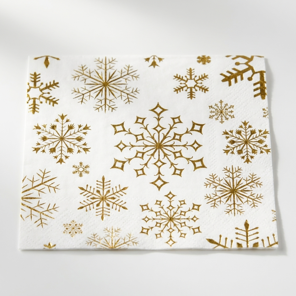 Close-up of single gold snowflake Christmas cocktail napkin showing premium 3-ply white paper with metallic gold snowflake print