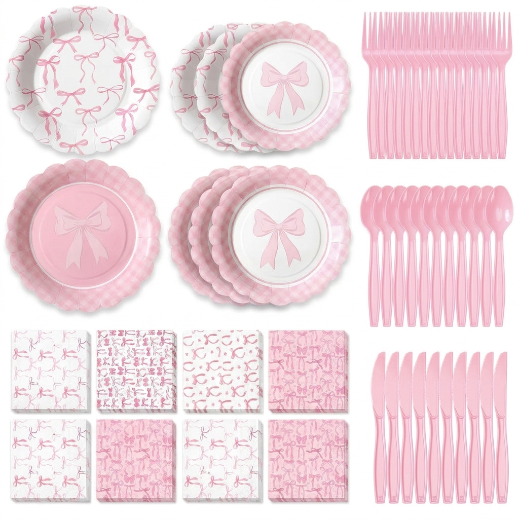 Complete 350-piece pink bow party tableware set displayed overhead showing all plates, napkins, forks, spoons, and knives