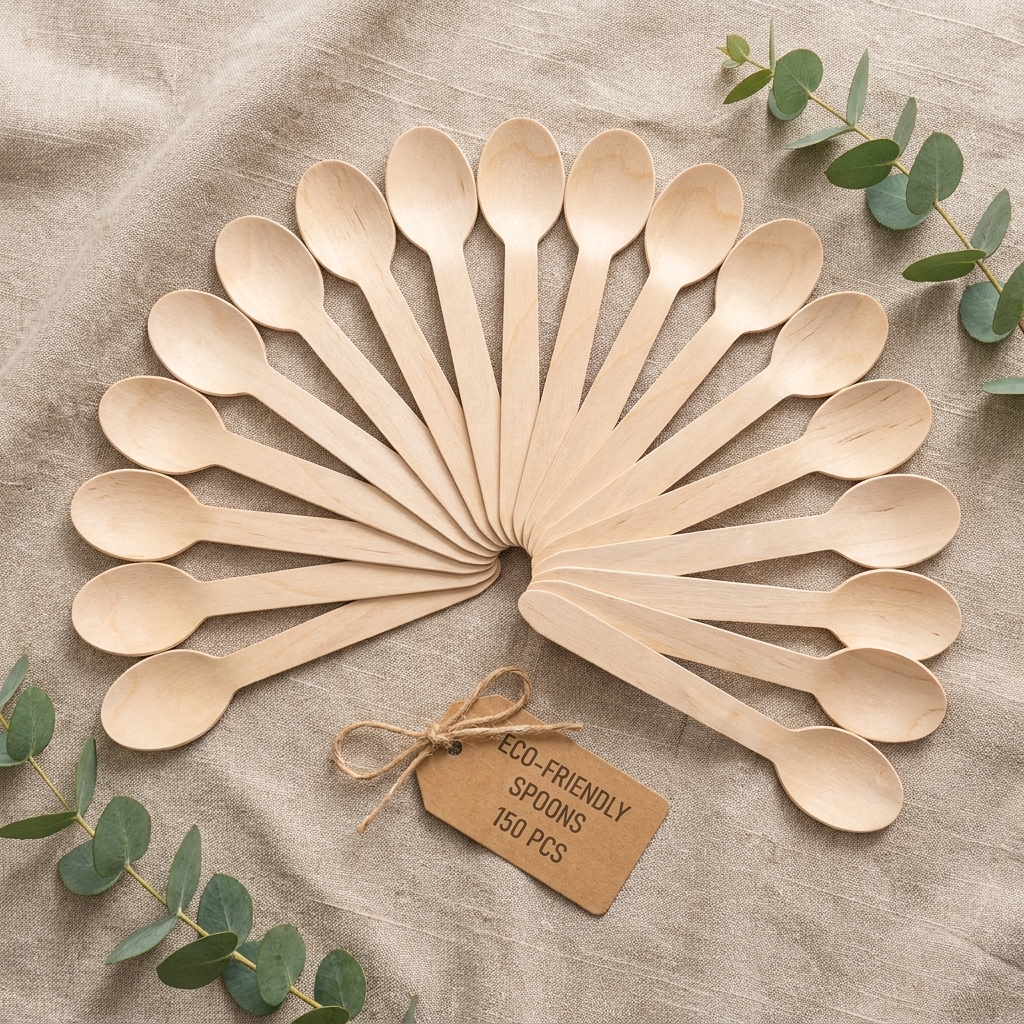 Flat-lay of natural wood grain wooden spoons fanned out on linen cloth with eucalyptus leaf accents showing smooth finish