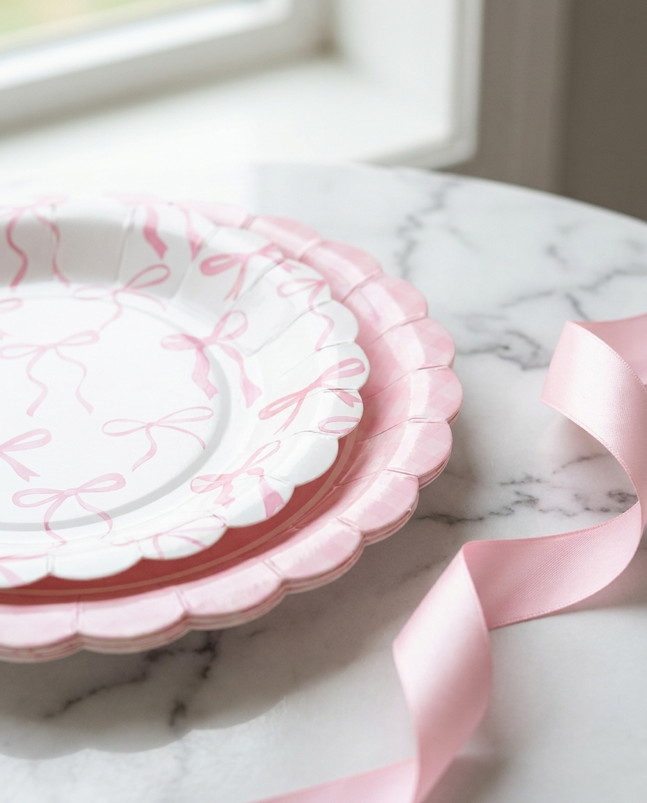 Close-up of pink bow print scalloped-edge paper plates showing delicate bow design and elegant scalloped border detail