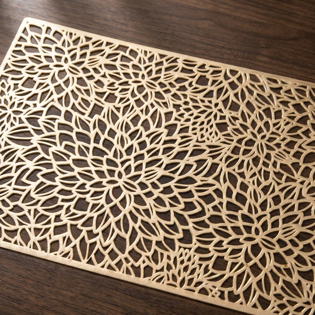 Close-up overhead of laser-cut nature placemat showing intricate botanical leaf cutout pattern in gold metallic finish on dark wood