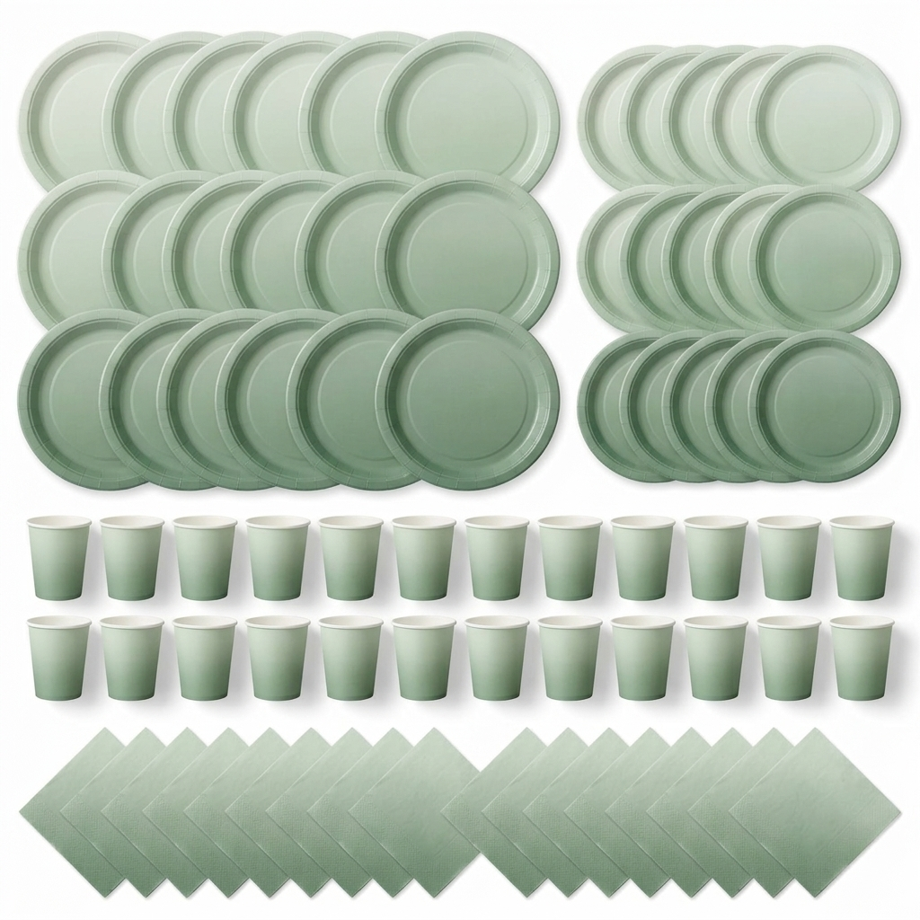 Complete 96-piece sage green gradient party tableware set displayed overhead showing all 48 plates, 24 cups, and 24 napkins
