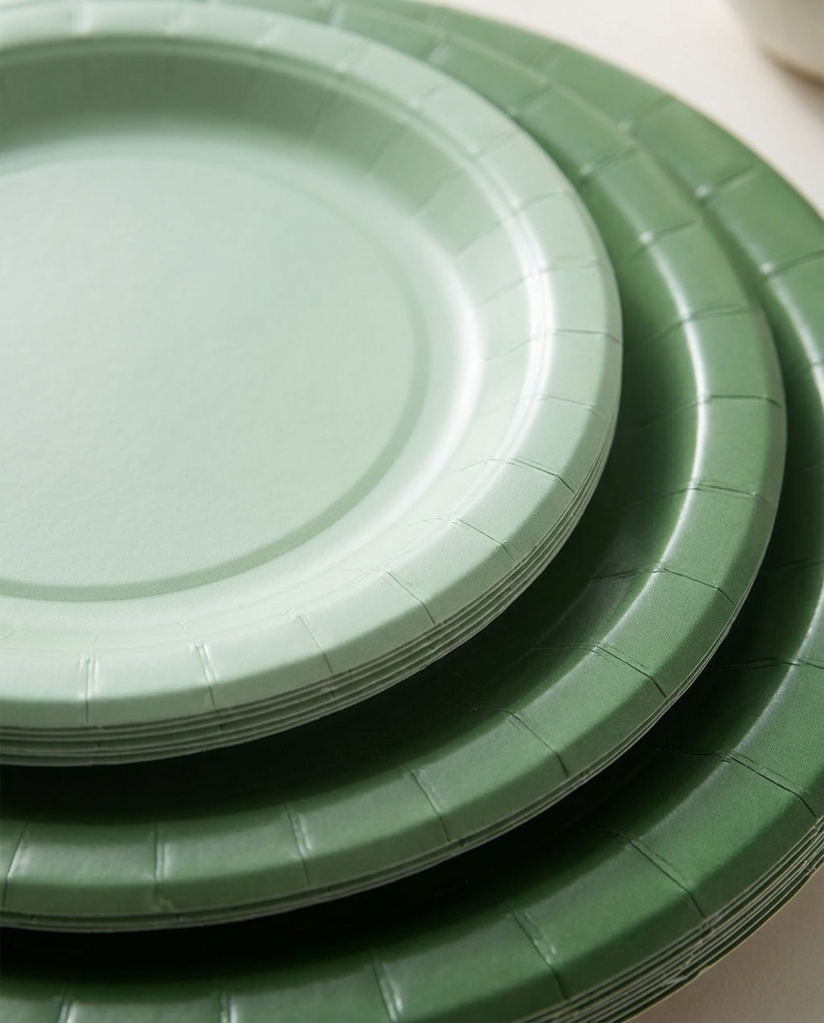 Close-up of sage green gradient paper plates showing the beautiful color fade from deep sage to soft mint green