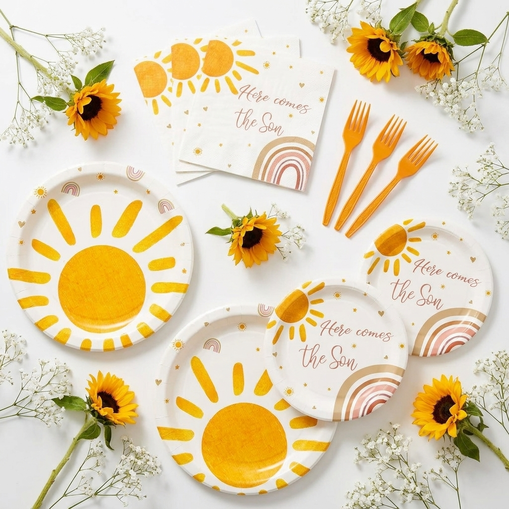 Flat-lay of sun baby shower party tableware pieces — yellow paper plates, napkins and plastic forks arranged with sunflower accents