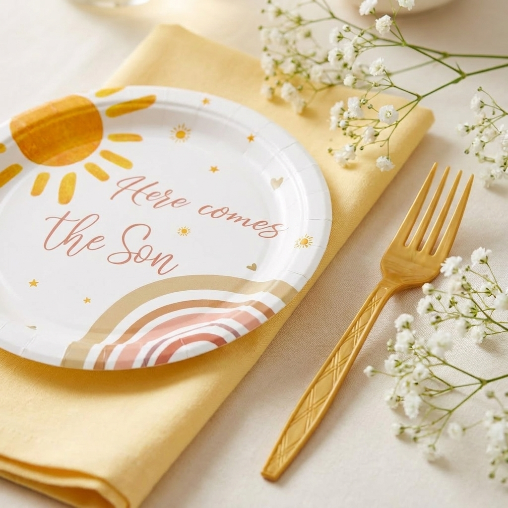 Close-up of sunshine yellow sun-print paper plate with napkin and gold fork for baby shower tableware