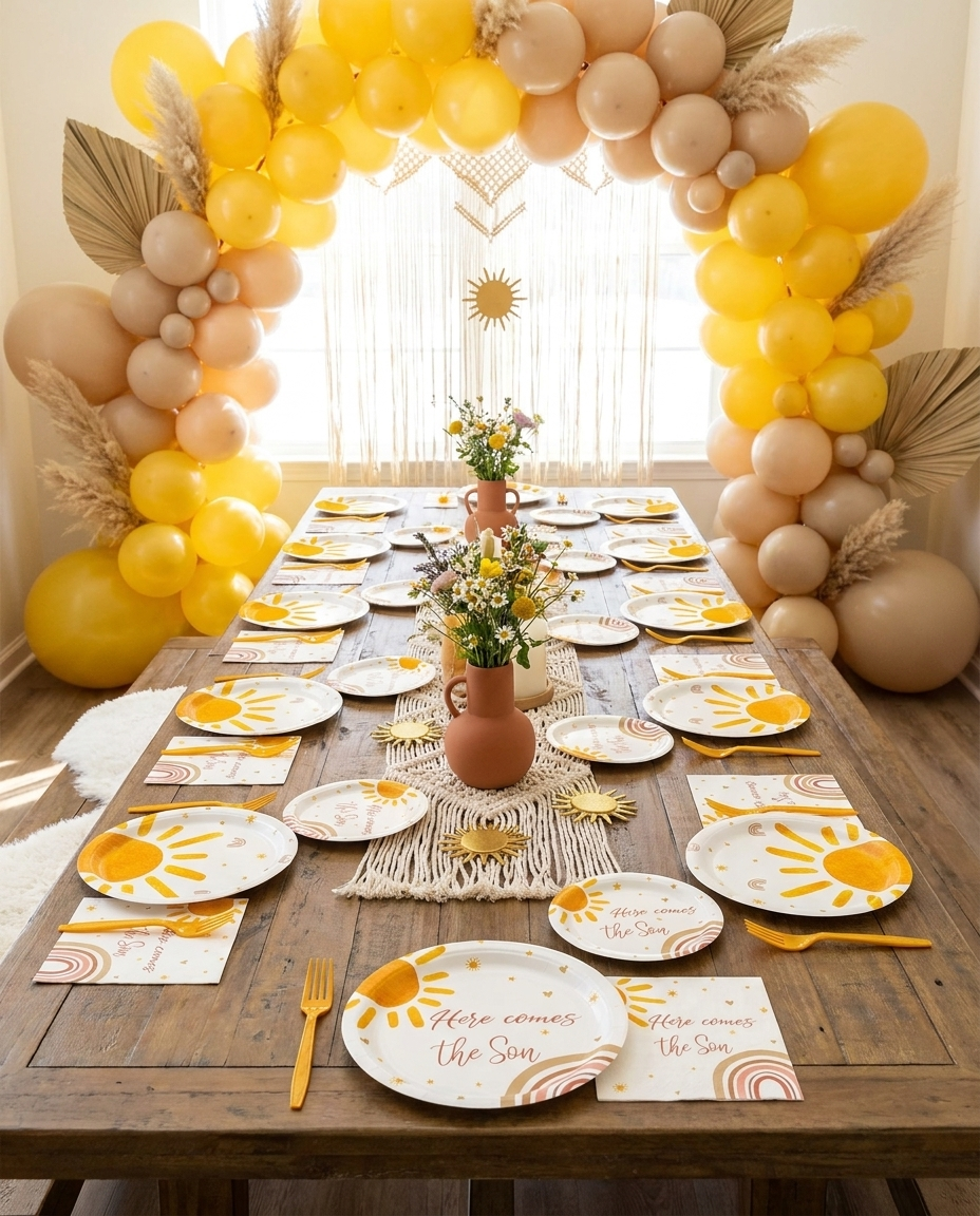 Full 96-piece sun baby shower tableware set for 24 guests laid out on party table with yellow balloon backdrop