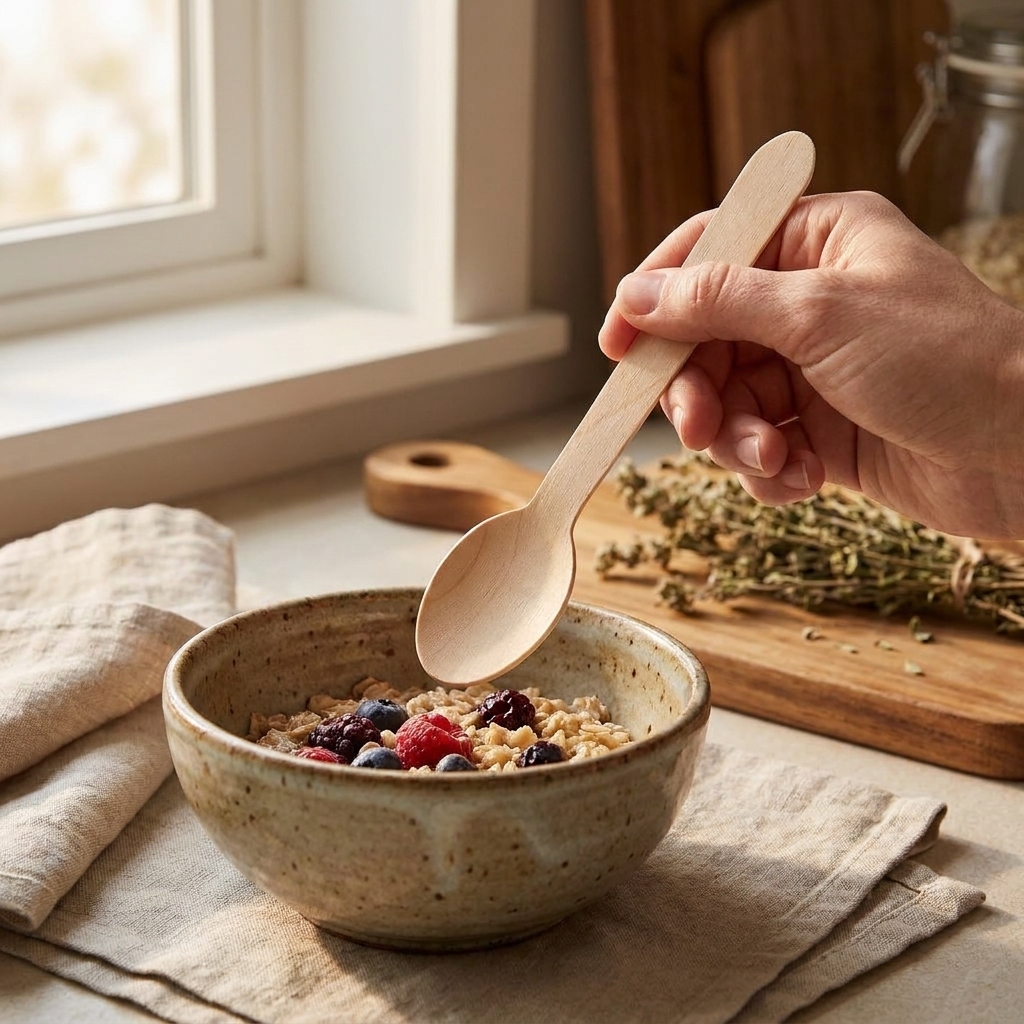 Close-up of single natural birch wooden spoon held over ceramic bowl showing smooth wood grain and eco-friendly design