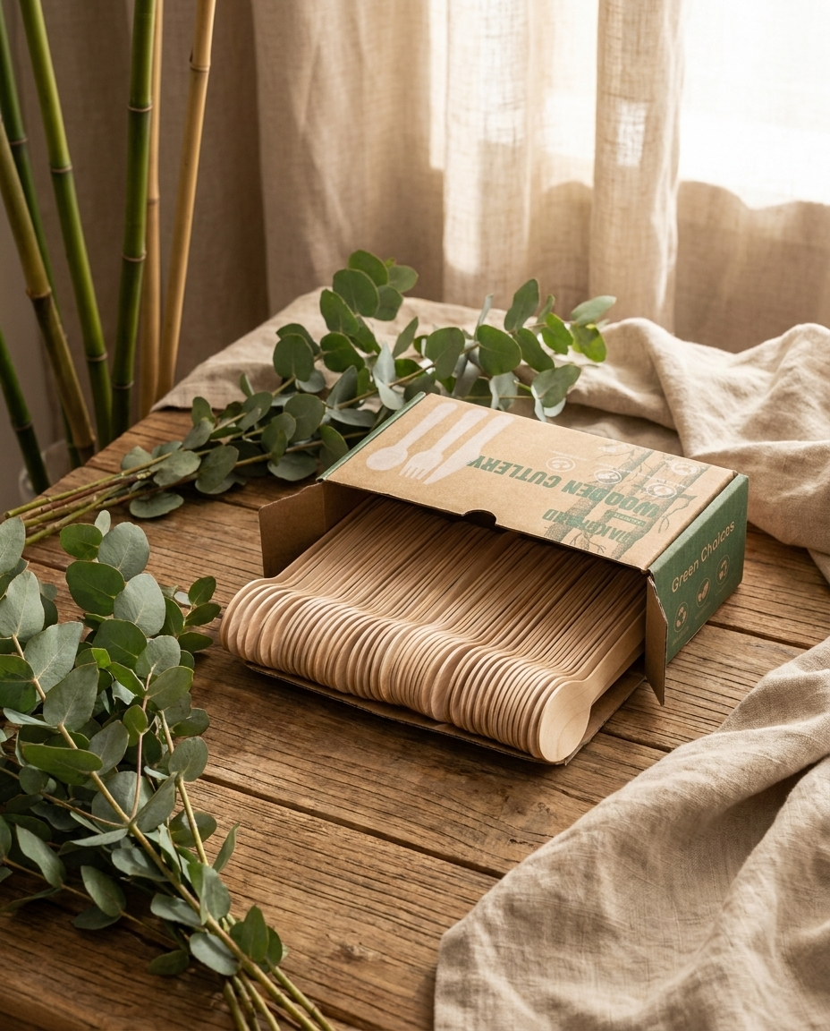 150 EcoSpoon wooden spoons in kraft paper box on wooden table with eucalyptus and bamboo for sustainable lifestyle photography