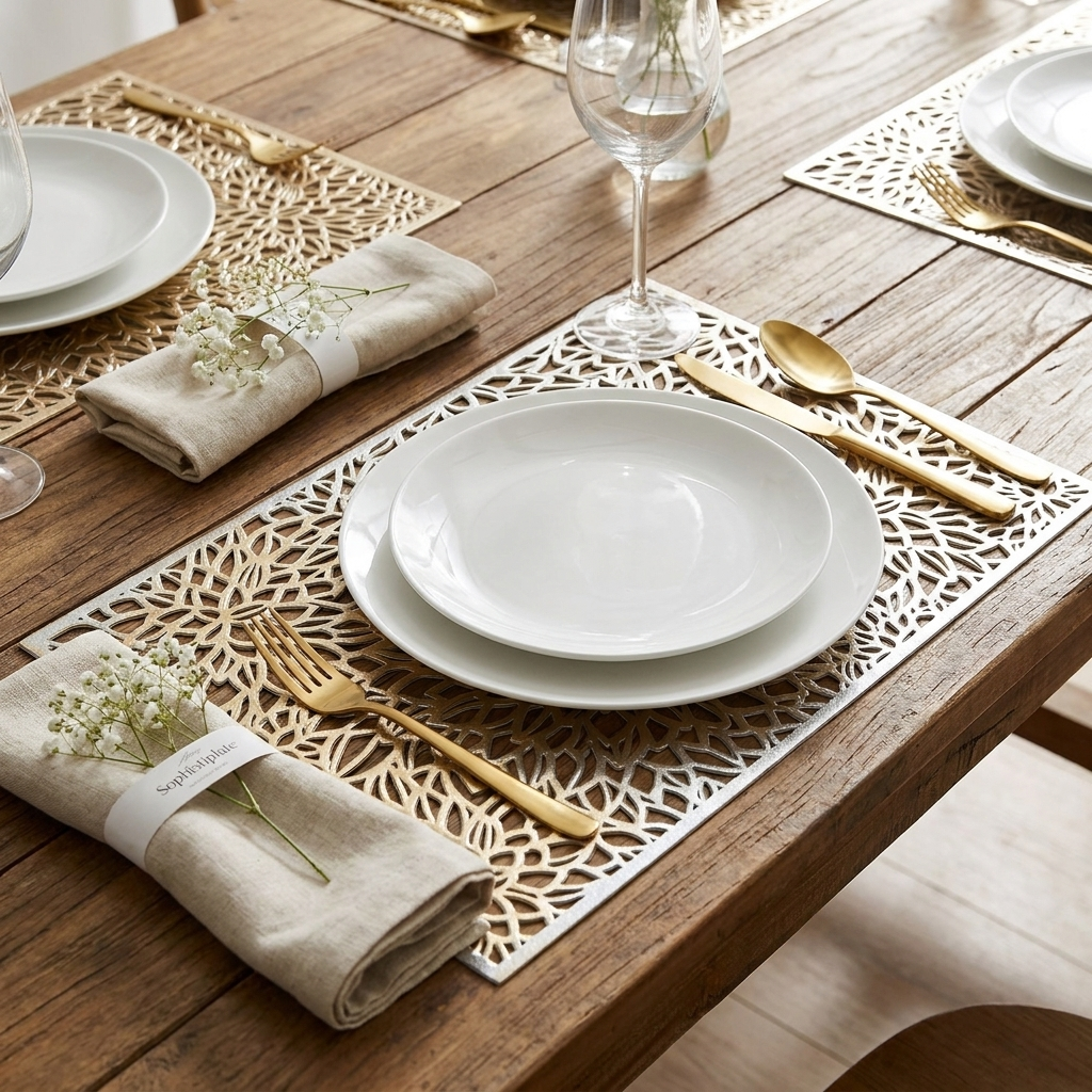 Laser-cut gold botanical placemats styled in an elegant place setting with white plates, gold cutlery, wine glass, and baby's breath florals