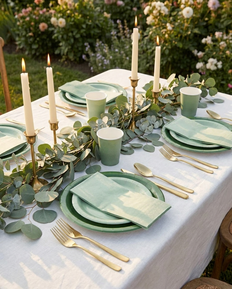 Sage green gradient party tableware arranged in a styled garden wedding table setting with eucalyptus and ivory candles