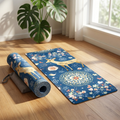 Eco-Luxe Suede Travel Yoga Mat rolled and flat in sunlit studio with green plants