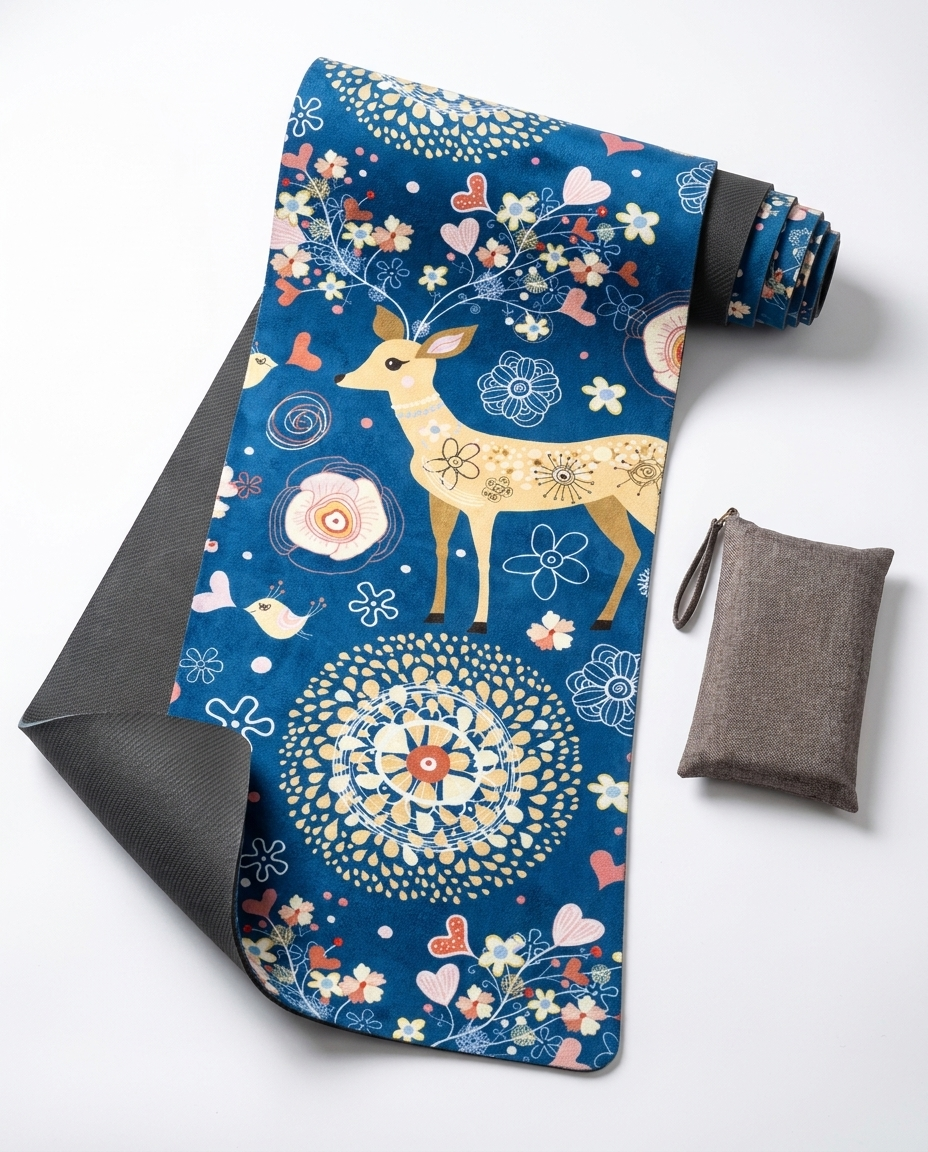 Eco-Luxe Suede Travel Yoga Mat overhead flat lay showing suede texture and rubber base