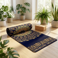 Printed Travel Yoga Mat with mandala pattern rolled and laid flat in sunlit yoga studio