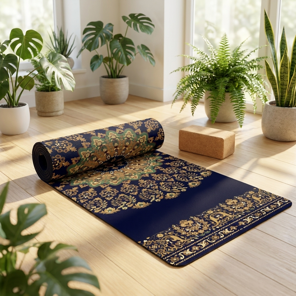 Printed Travel Yoga Mat with mandala pattern rolled and laid flat in sunlit yoga studio