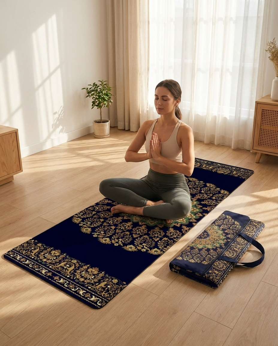 Woman meditating on Printed Travel Yoga Mat with carry bag in bright home studio