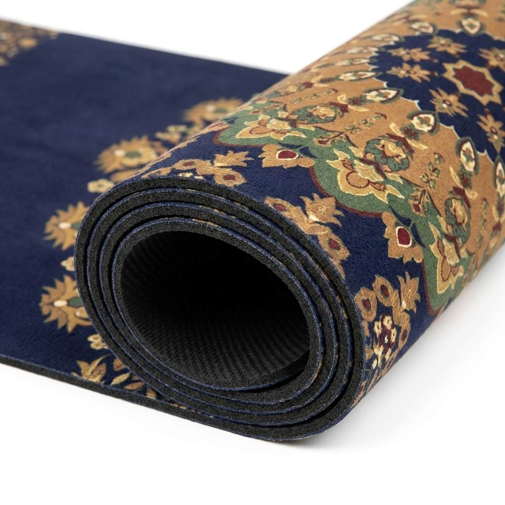 Printed Travel Yoga Mat folded compactly showing ultra-thin cross-section and pattern