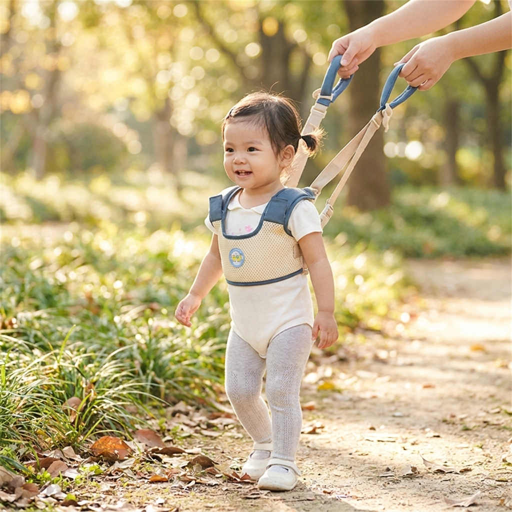 Toddler wearing canvas walking harness on sunny park path