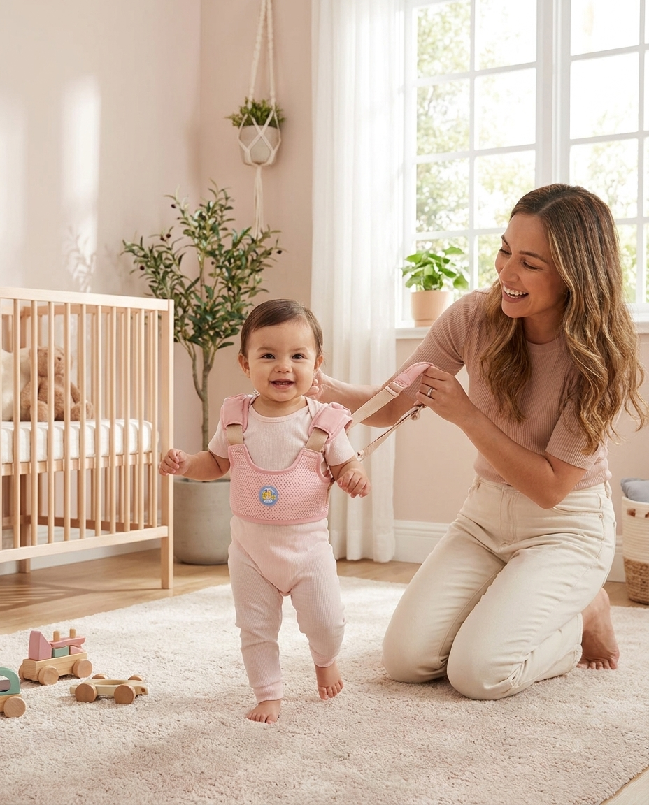 Baby in pink walking harness taking first steps in nursery