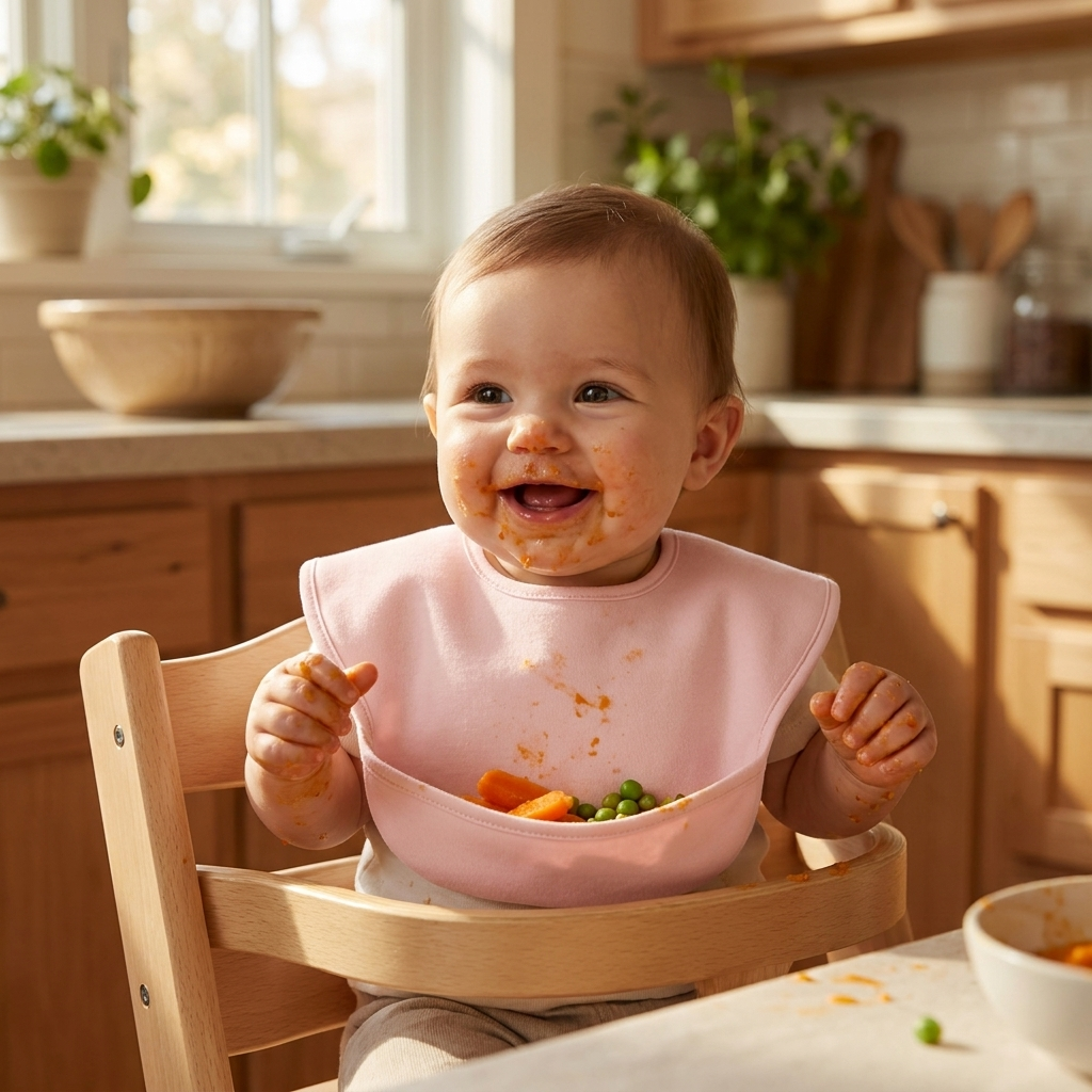 Baby wearing soft pink cotton bib during mealtime