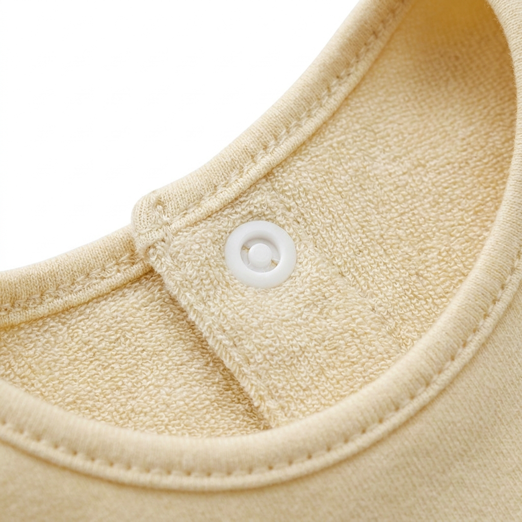 Close-up of cotton bib fabric texture and snap closure