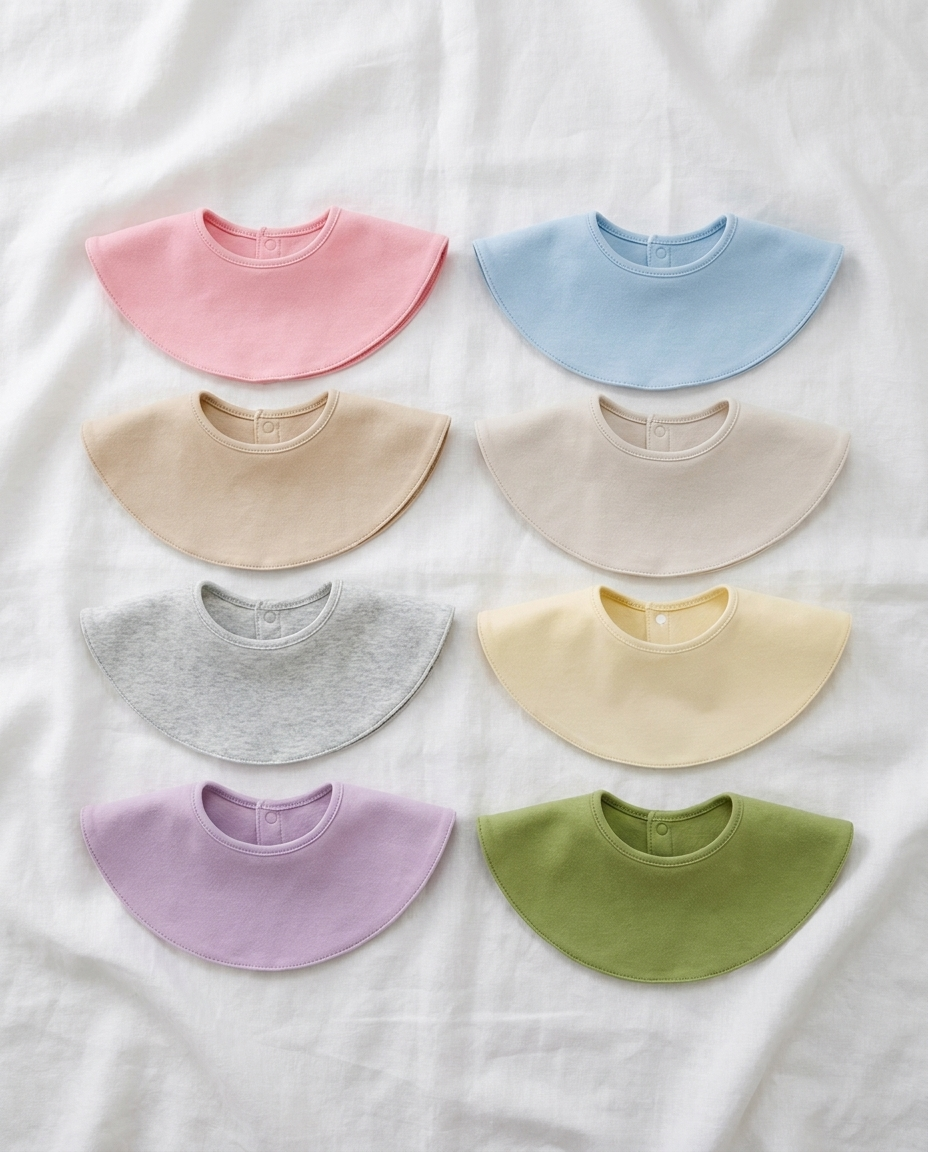 Flat lay of 7 colorful cotton baby bibs in all available colors
