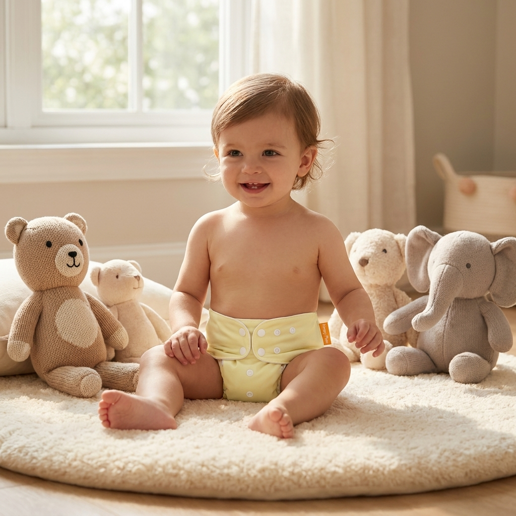 Toddler wearing soft yellow cloth training pants on play mat
