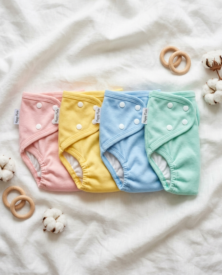4-pack of colorful reusable cloth training pants flat lay