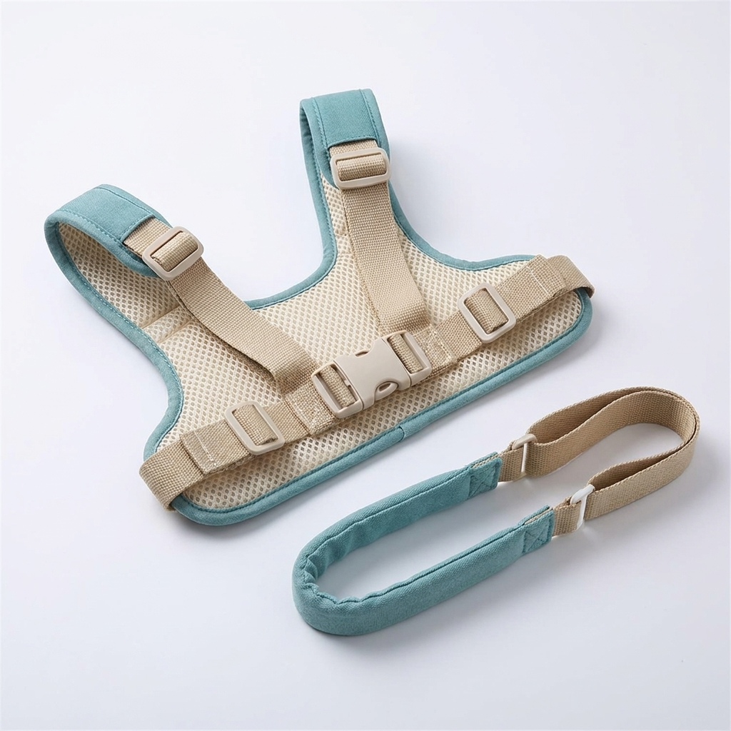 Detailed flat-lay of toddler walking harness showing canvas straps and buckle