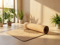 Natural Cork Mandala Yoga Mat rolled and partly unrolled in sunlit studio with plants — cork grain and mandala etching clearly visible