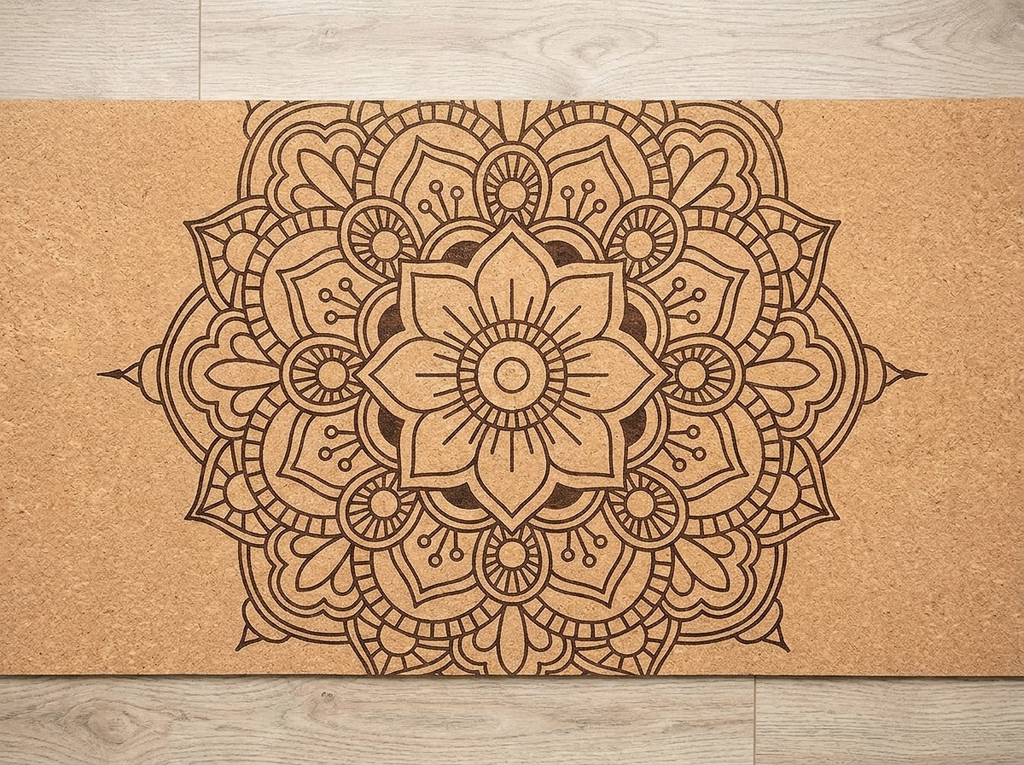 Overhead flat-lay of Natural Cork Mandala Yoga Mat showing full laser-etched mandala pattern on tan cork surface
