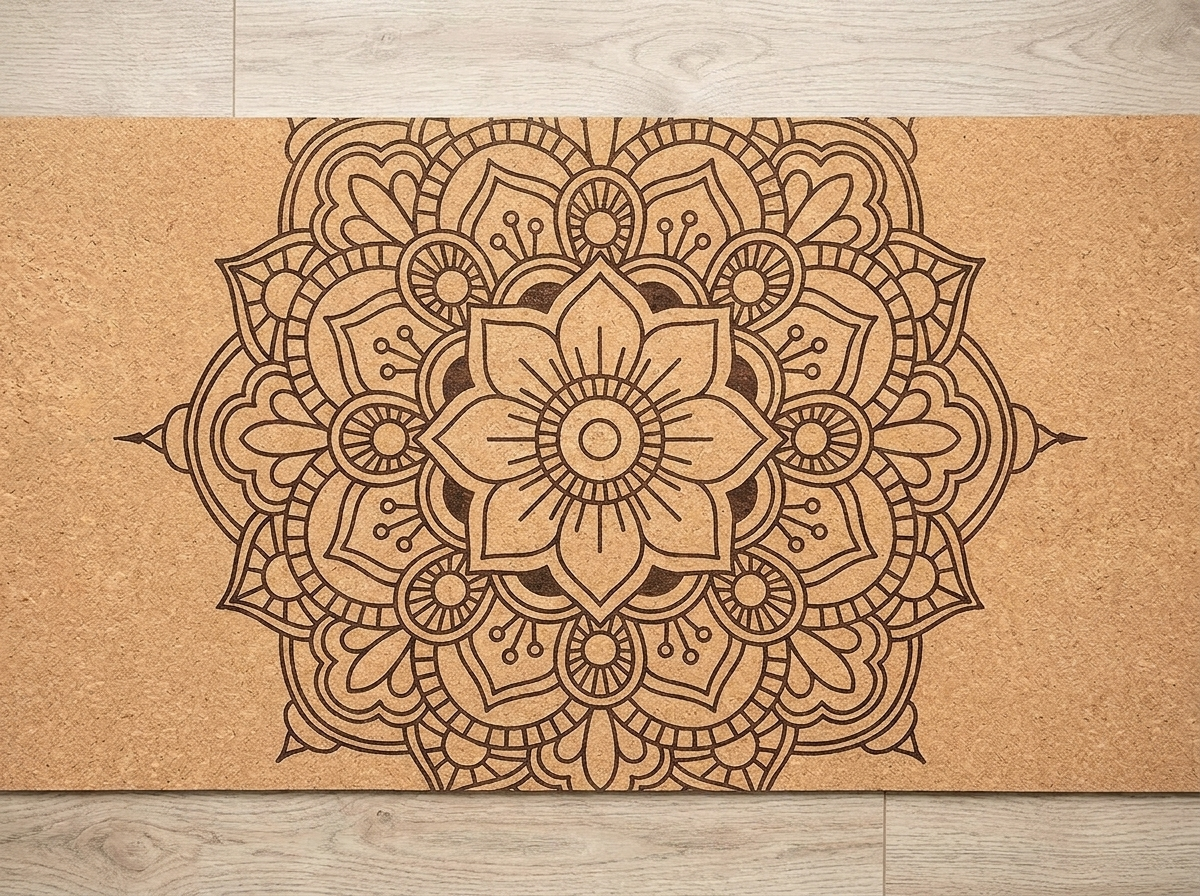 Overhead flat-lay of Natural Cork Mandala Yoga Mat showing full laser-etched mandala pattern on tan cork surface