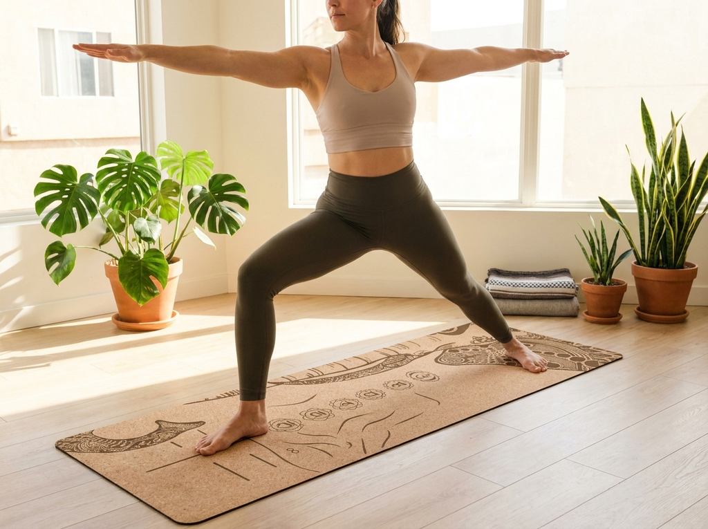 Woman in yoga warrior pose on Natural Cork Mandala Yoga Mat with mandala design visible, bright airy studio