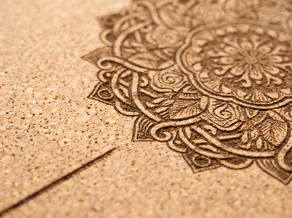 Macro close-up of natural cork yoga mat surface showing cork grain pores and laser-etched mandala pattern detail