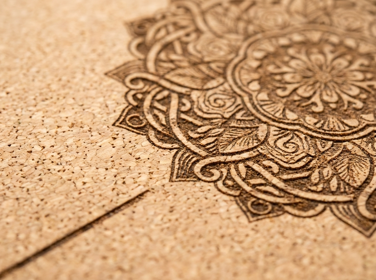 Macro close-up of natural cork yoga mat surface showing cork grain pores and laser-etched mandala pattern detail