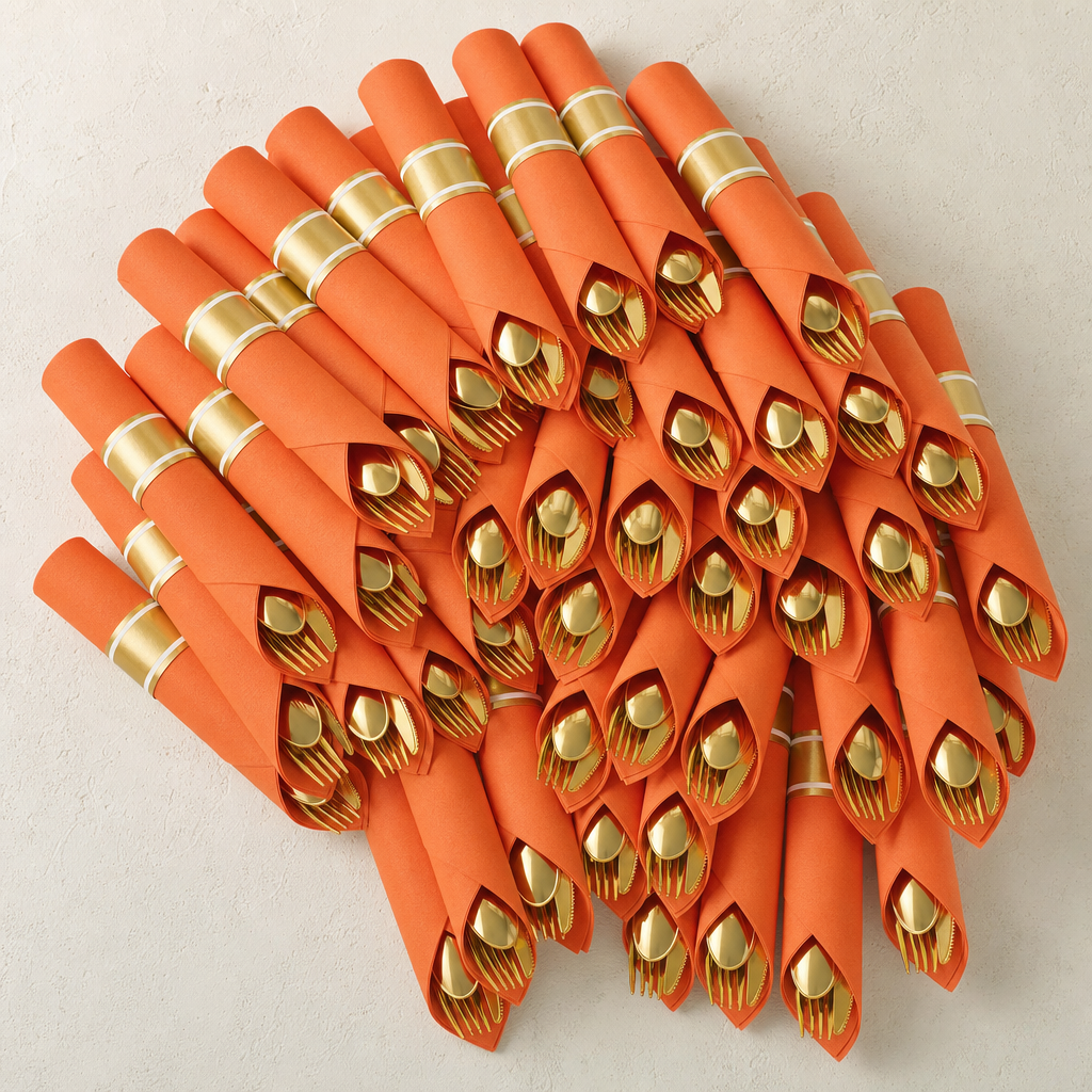 Many orange napkin rolls with gold cutlery stacked in a dense fan showing the 60-count quantity