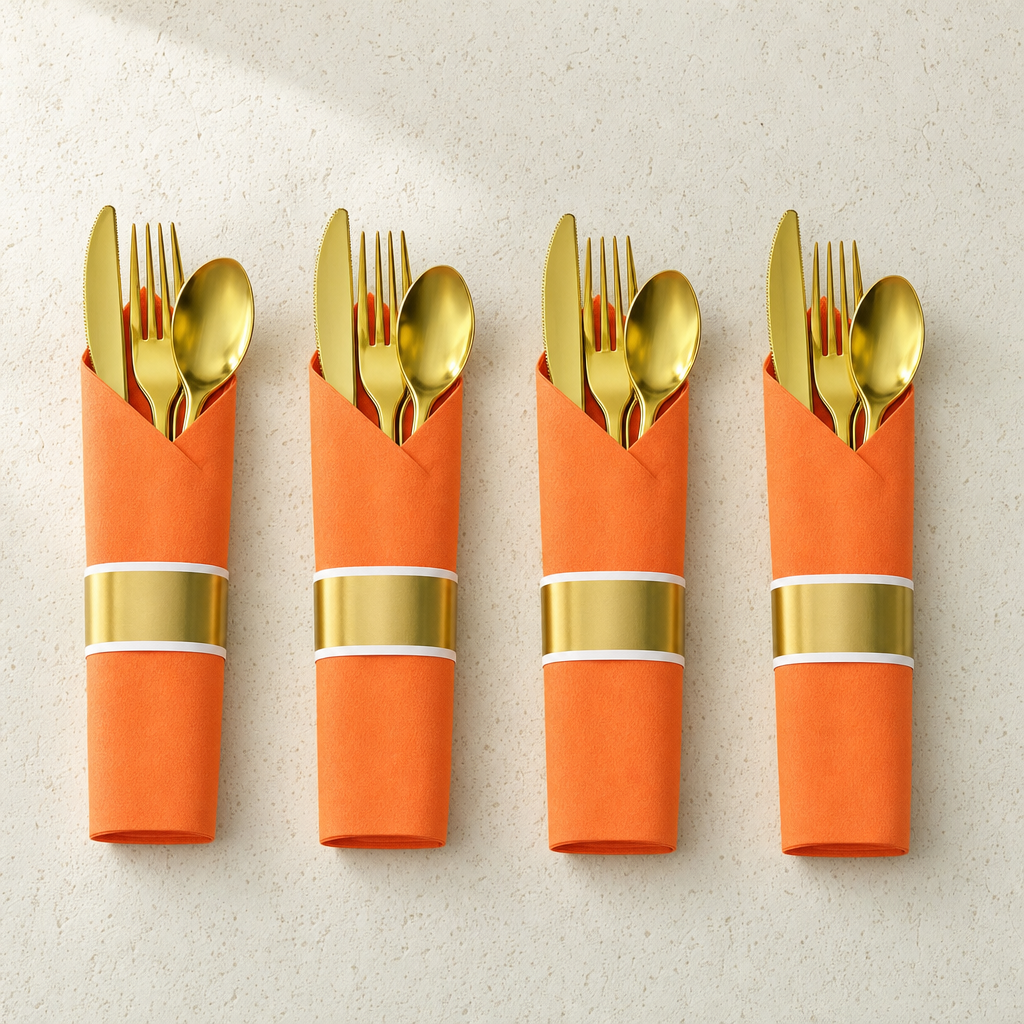 Four orange napkin rolls banded in gold foil, each holding a gold plastic fork, knife and spoon