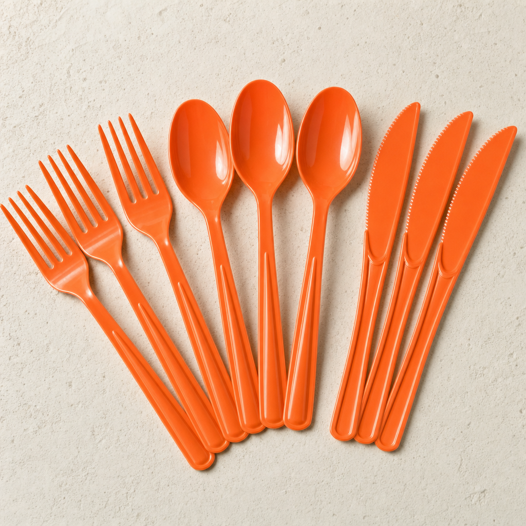 Orange plastic forks, spoons and knives fanned in an overlapping arc