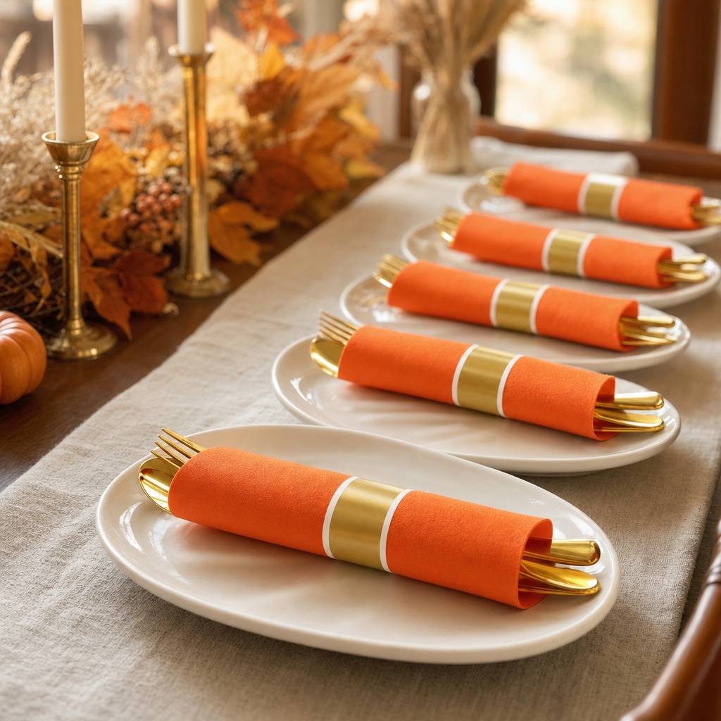 A row of orange napkin rolls with gold cutlery set along a linen runner on an autumn table