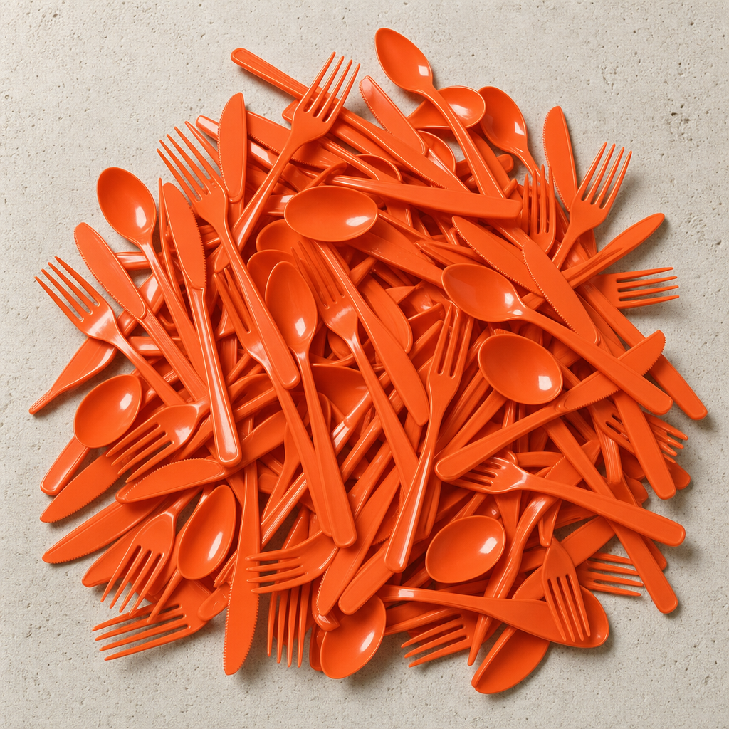 A large loose pile of orange plastic forks, spoons and knives showing the 300-piece bulk quantity