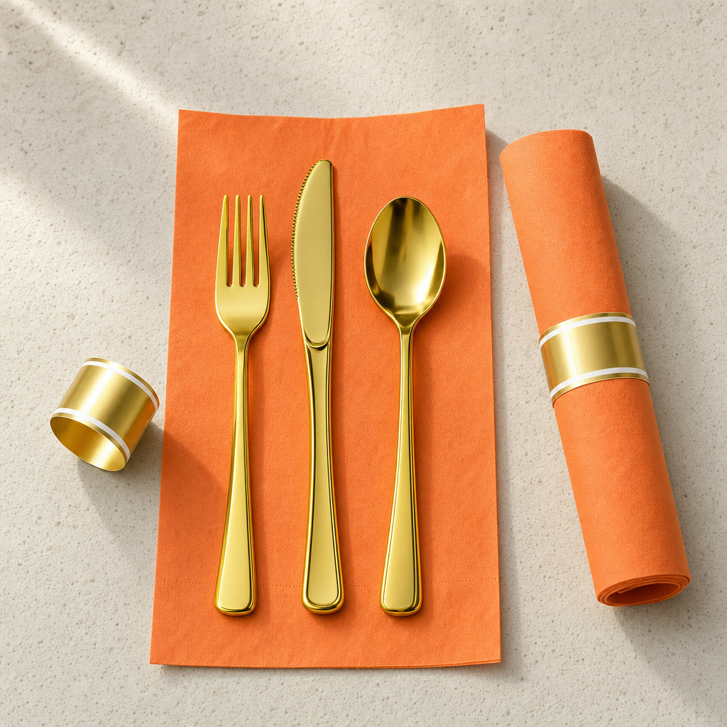One roll opened flat showing the gold plastic fork, knife and spoon on an orange napkin