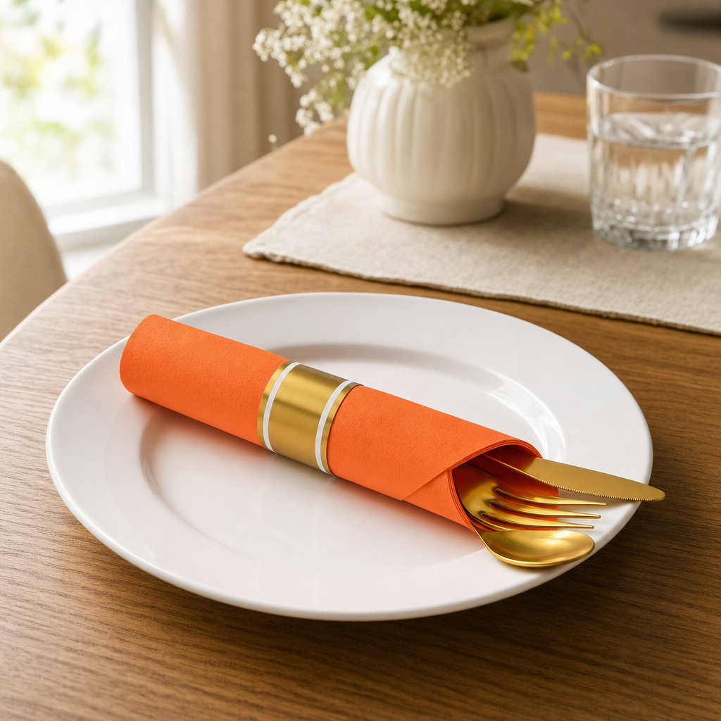 A single orange napkin roll with gold cutlery resting on a white dinner plate