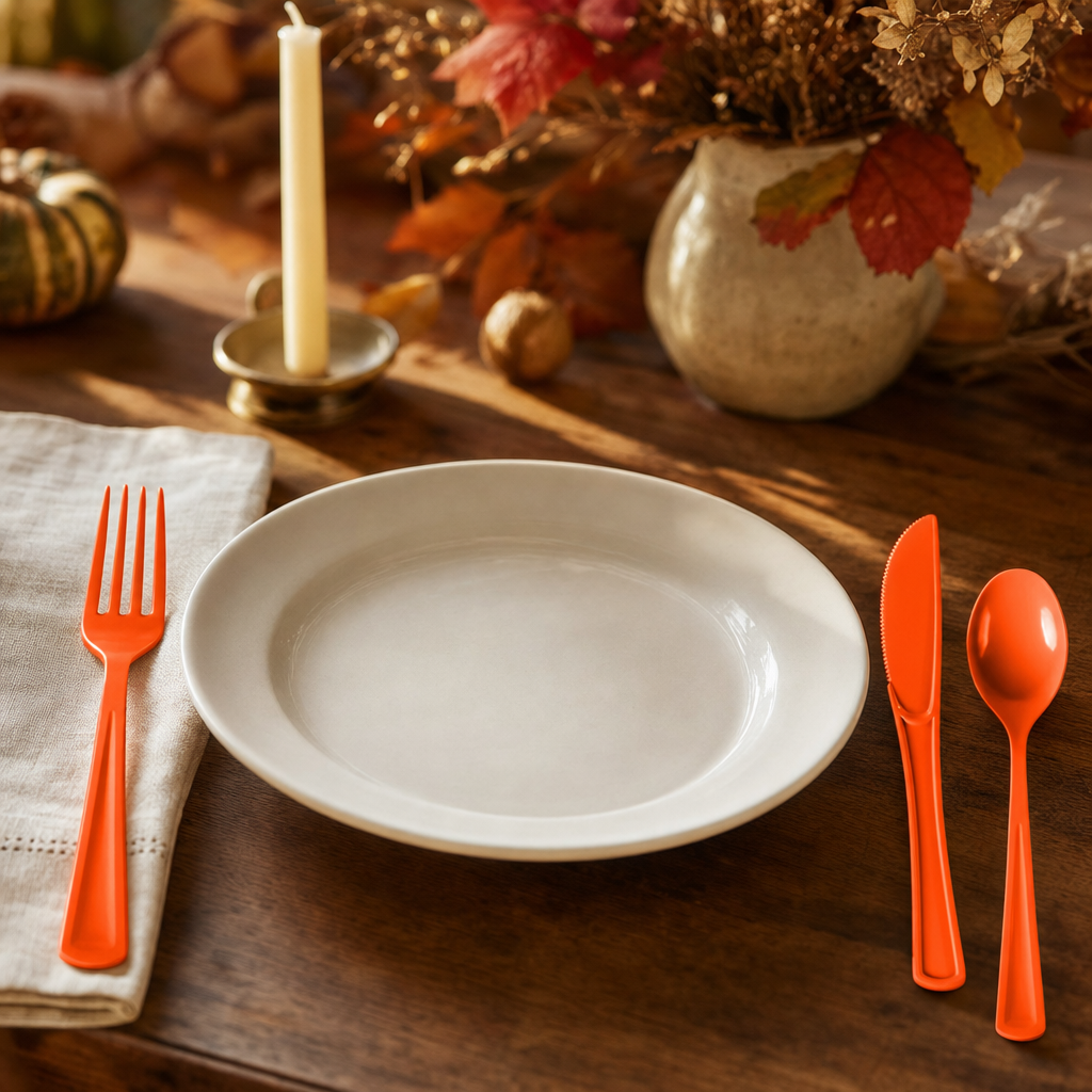 Autumn place setting with a white plate and orange plastic cutlery on a warm oak table