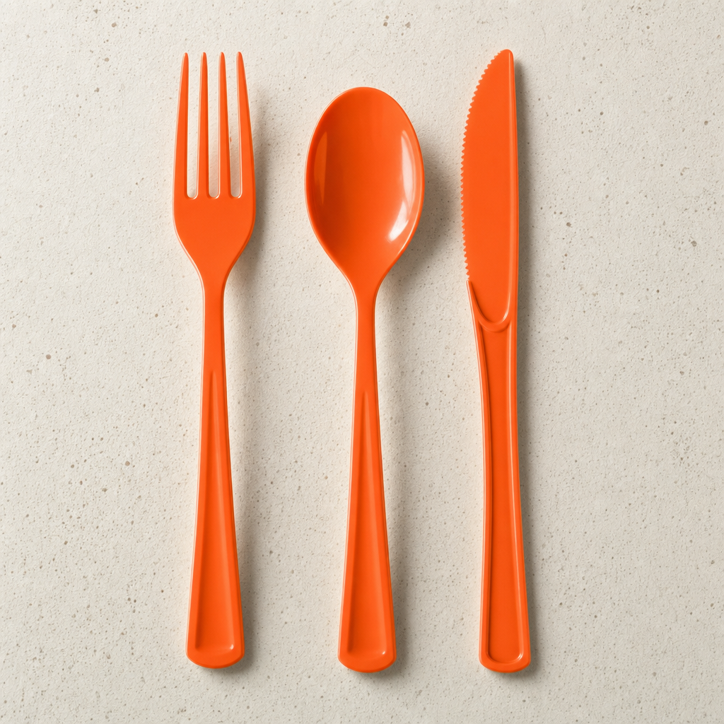 Orange plastic fork, spoon and knife laid side by side on a warm off-white speckled surface