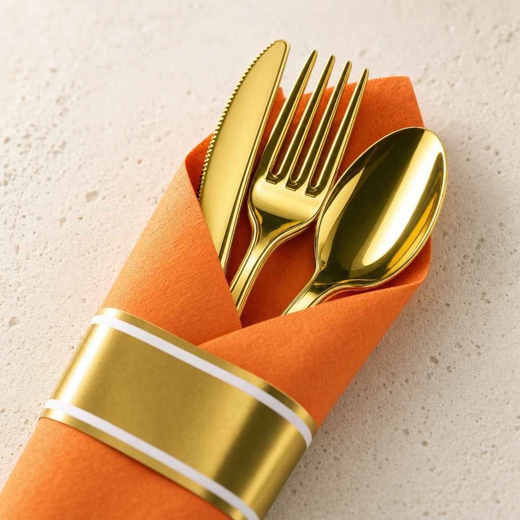 Macro close-up of gold plastic cutlery emerging from an orange napkin with a gold foil band