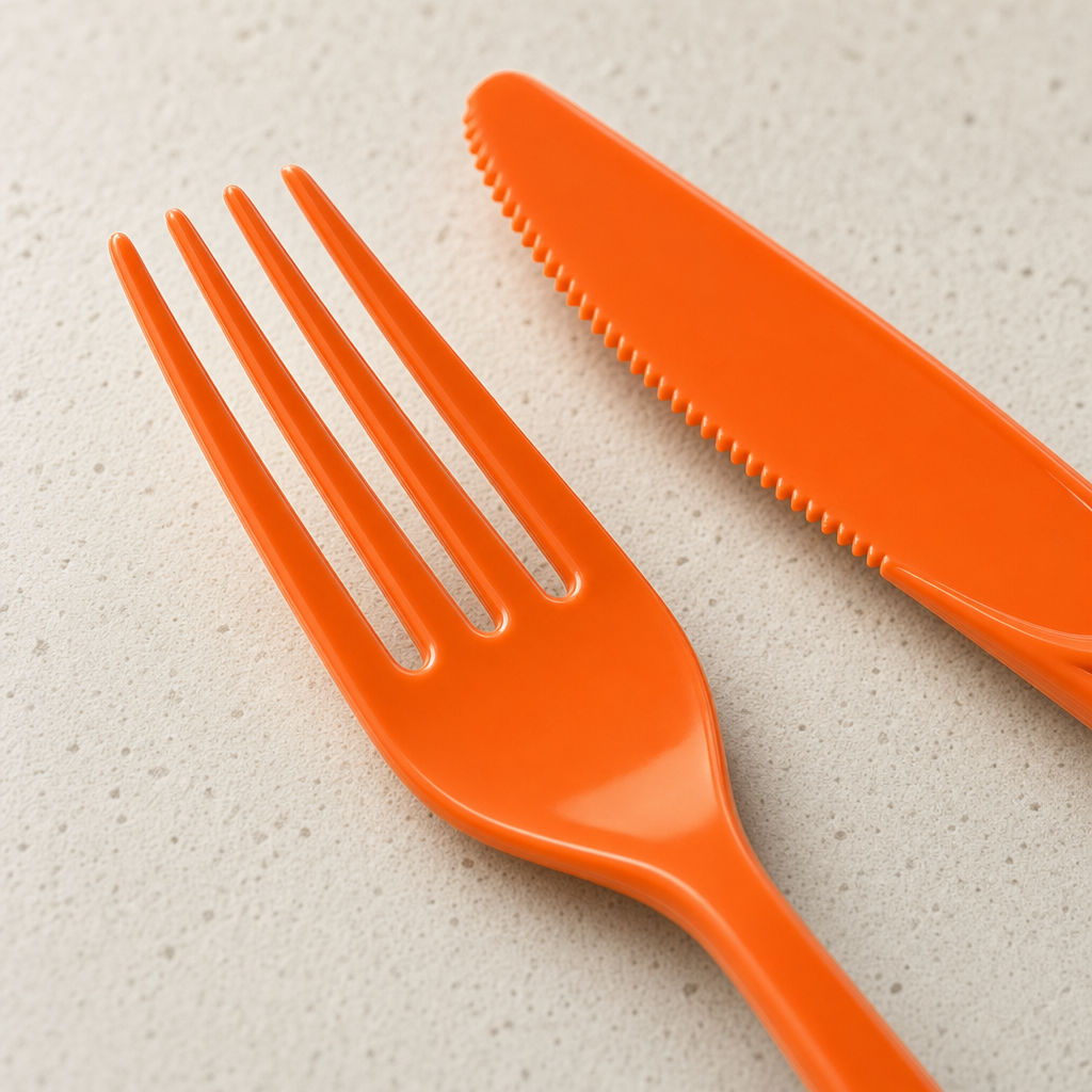 Macro close-up of a four-tine orange plastic fork and the serrated edge of an orange plastic knife