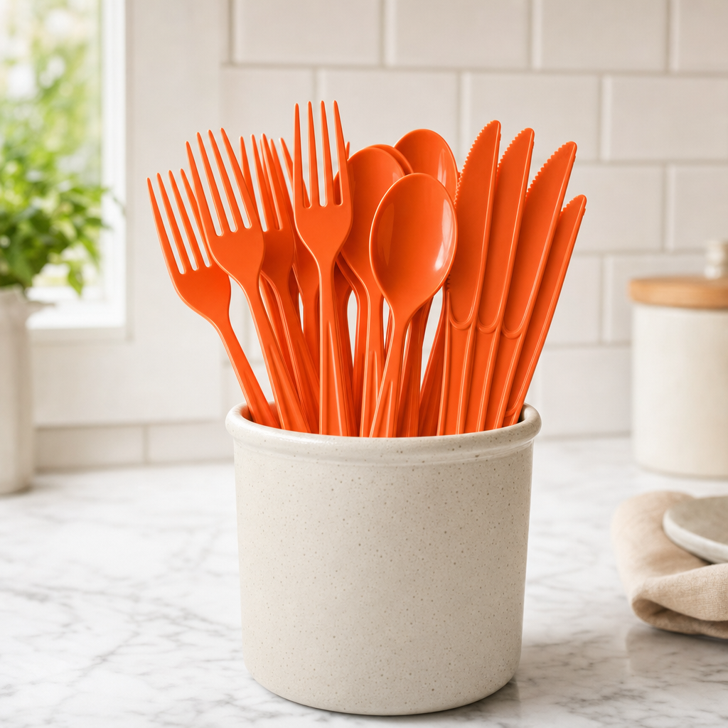 Orange plastic cutlery standing in a cream speckled stoneware crock on a marble kitchen counter